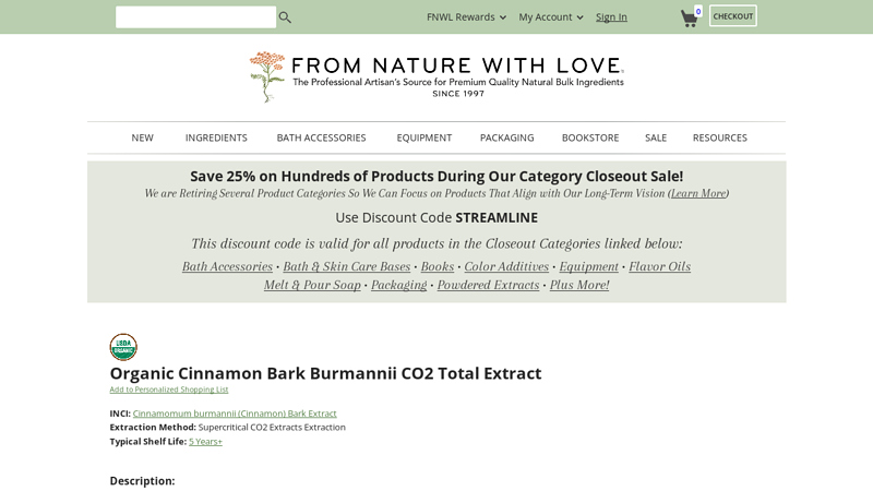 Organic Cinnamon Bark Burmannii CO2 Total Extract