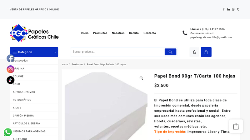 Papel Bond 90gr T/Carta 100 hojas