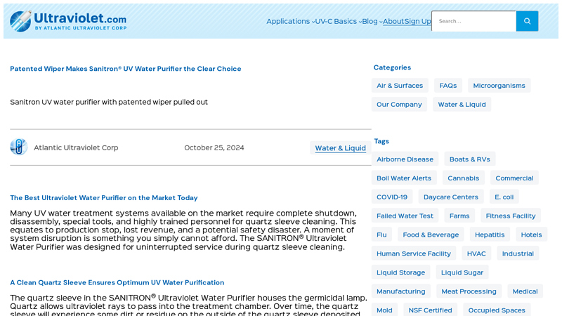 Patented Wiper Makes Sanitron® UV Water Purifier the Clear Choice