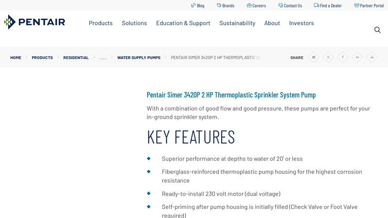 Pentair Simer 3420P 2 HP Thermoplastic Sprinkler System Pump