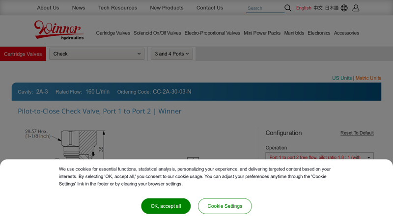 Pilot-to-Close Check Valve, Port 1 to Port 2