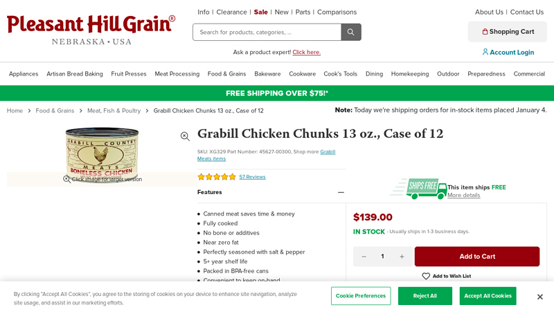 Premium Grabill canned chicken chunks at PHG
