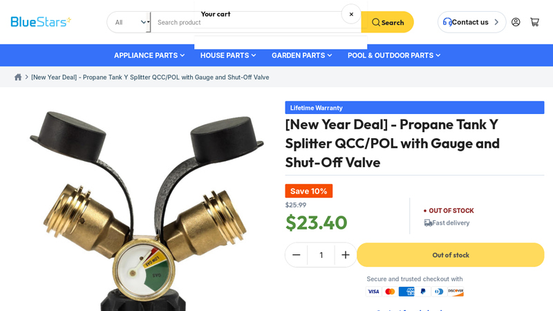 Propane Tank Y Splitter QCC/POL with Gauge and Shut