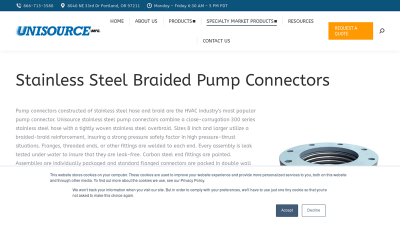Pump Connectors of Stainless Steel Braided Hose from Unisource