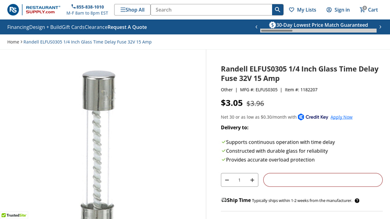 Randell ELFUS0305 1/4 Inch Glass Time Delay Fuse 32V 15 Amp
