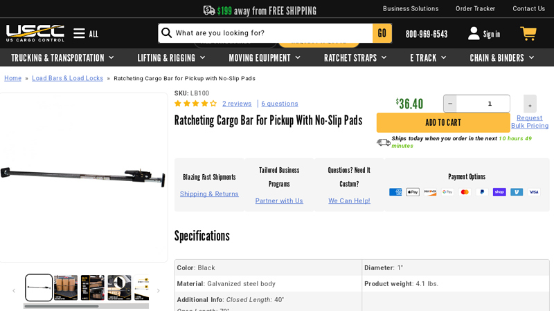 Ratcheting Cargo Bar for Pickup with No