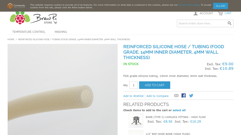 Reinforced silicone hose / tubing (food grade, 14mm inner diameter ...