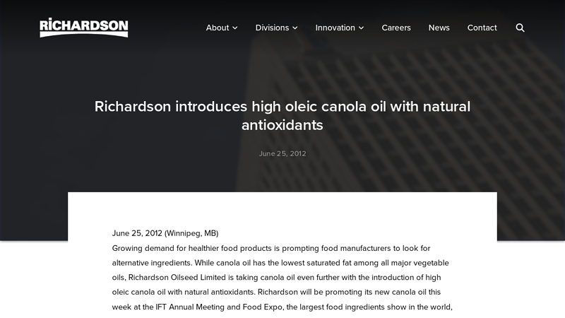Richardson introduces high oleic canola oil with natural antioxidants