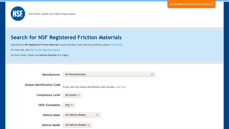 Search for NSF Registered Friction Materials