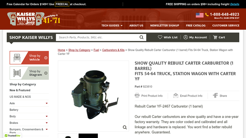 Show Quality Rebuilt Carter Carburetor (1 barrel) Fits 54