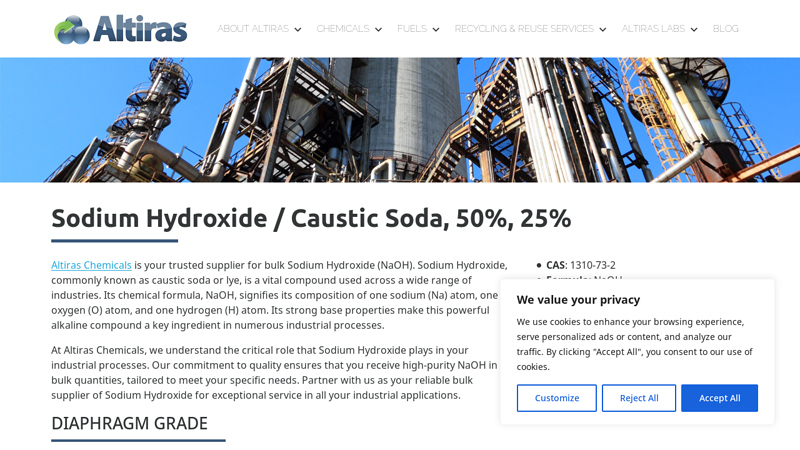 Sodium Hydroxide / Caustic Soda, 50%, 25% Supplier, Distributor