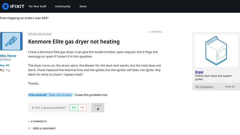 SOLVED: Kenmore Elite gas dryer not heating