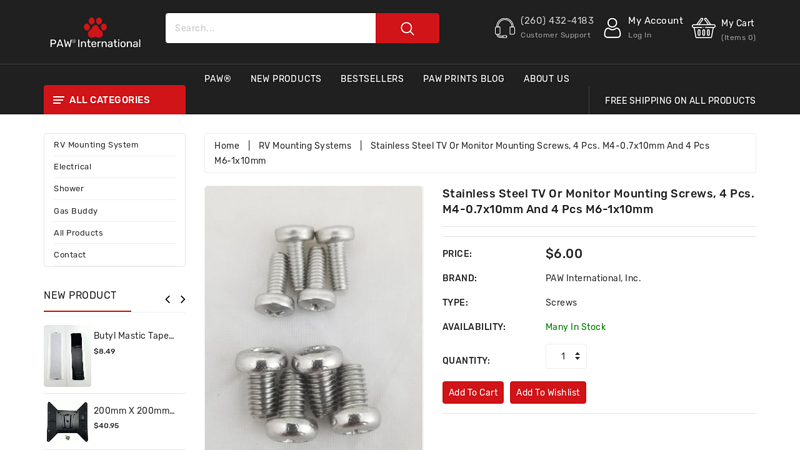 Stainless Steel TV or Monitor Mounting Screws, 4 pcs. M4