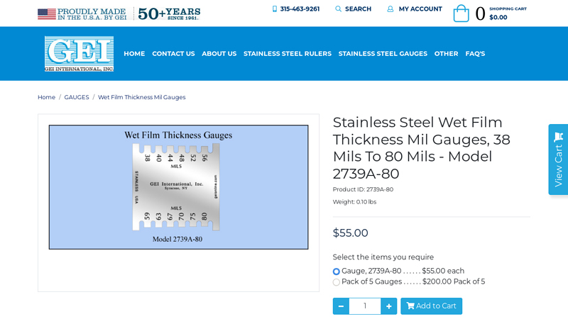 Stainless Steel Wet Film Thickness Mil Gauges, 38 Mils To 80 Mils