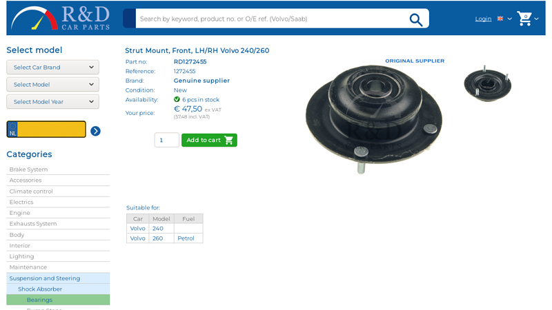 Strut Mount, Front, LH/RH Volvo 240/260, 1272455