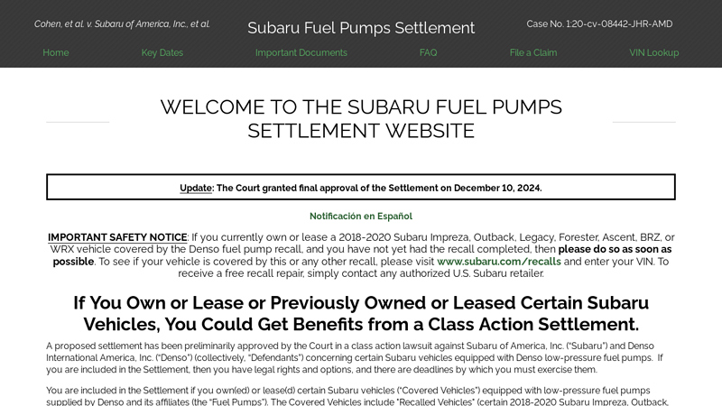 Subaru Fuel Pump Settlement