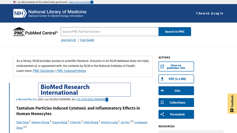 Tantalum Particles Induced Cytotoxic and Inflammatory Effects in ...