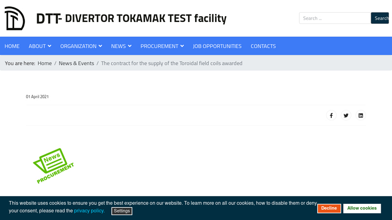 The contract for the supply of the Toroidal field coils awarded