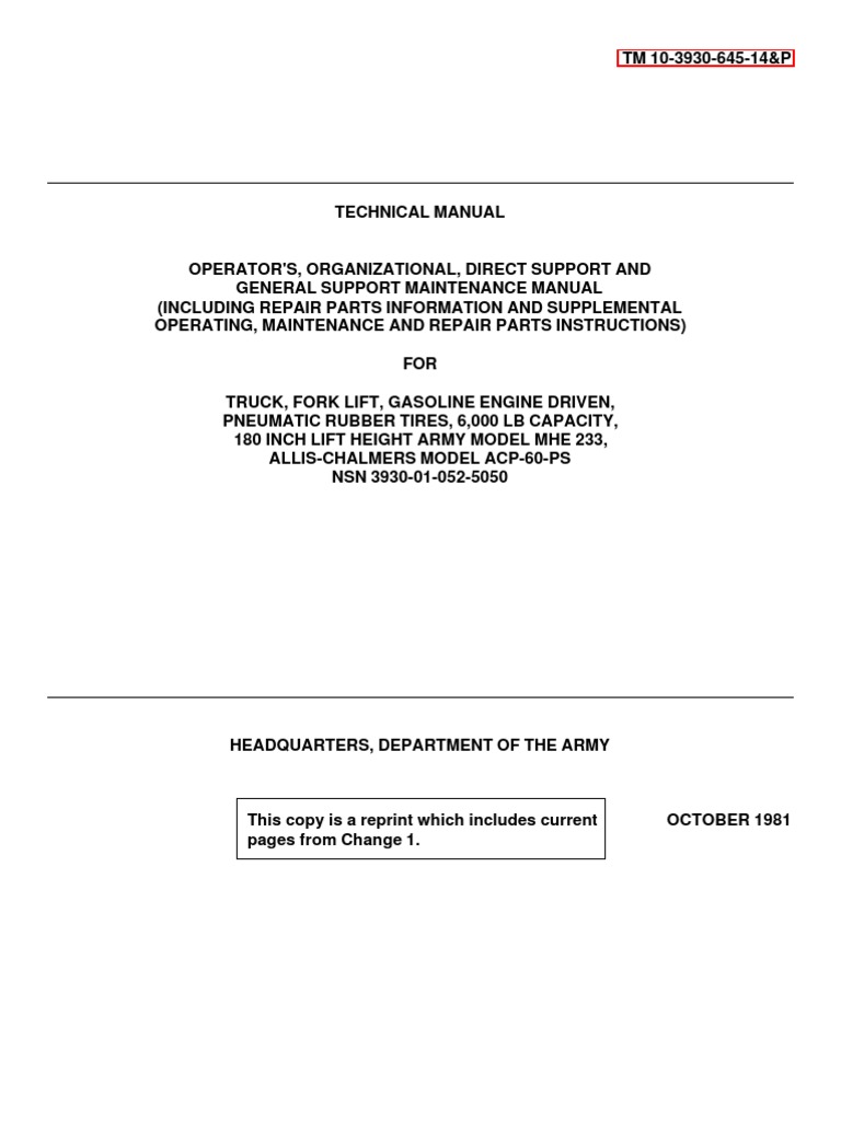 TM 10-3930-645-14&P Allis Chalmers Acp-60-Ps Forklift Truck