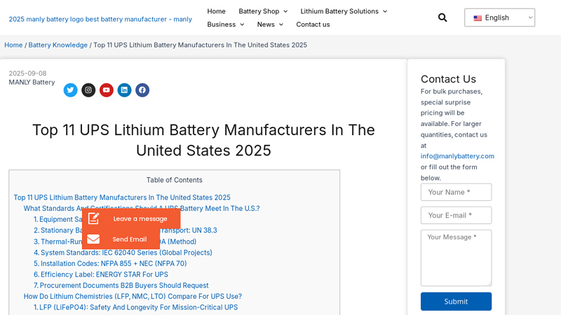 Top 11 UPS Lithium Battery Manufacturers In The United States 2025
