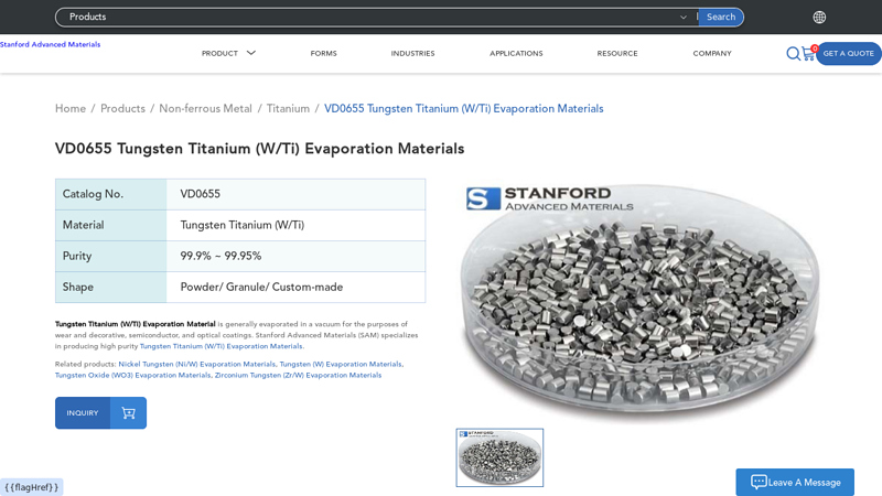 Tungsten Titanium (W/Ti) Evaporation Materials