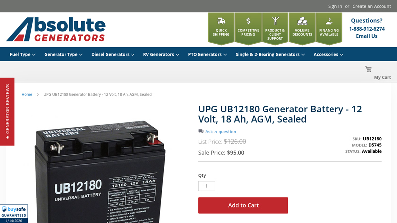 UPG UB12180 Generator Battery