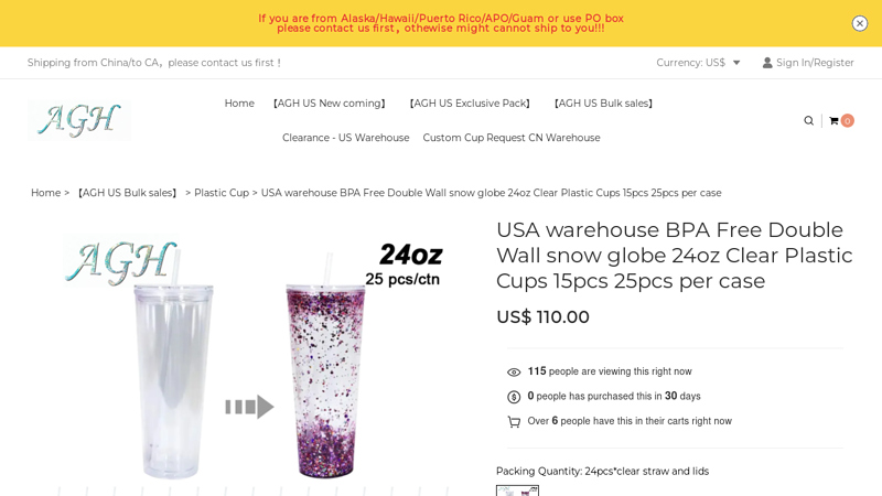 USA warehouse BPA Free Double Wall snow globe 24oz Clear ...