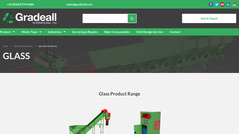 Waste glass processing machines produced by Gradeall international