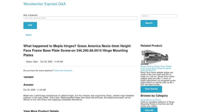 What happened to Mepla hinges? Grass America Nexis 0mm Height ...