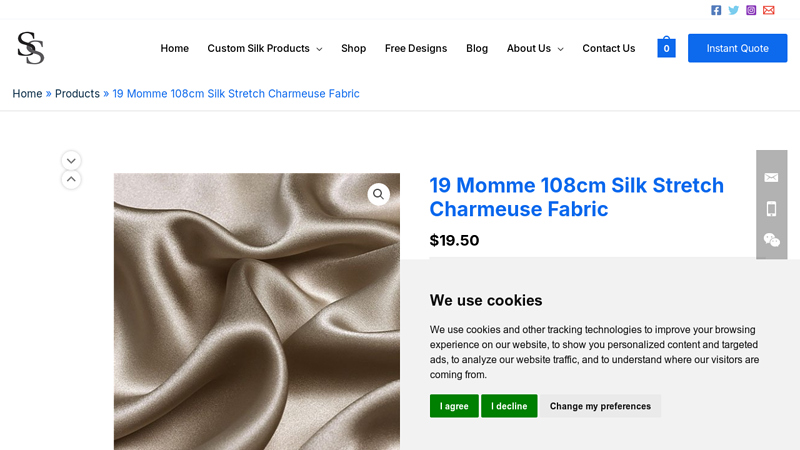 Wholesale 19 Momme 108cm Silk Stretch Charmeuse Fabric