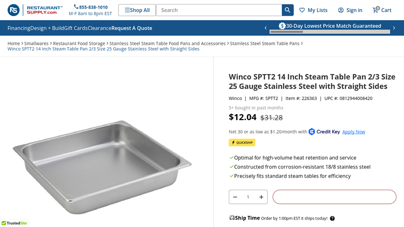 Winco SPTT2 14 Inch Steam Table Pan 2/3 Size 25 Gauge Stainless ...