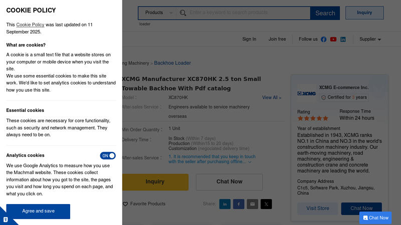 XCMG Manufacturer XC870HK 2.5 ton Small Towable Backhoe With ...